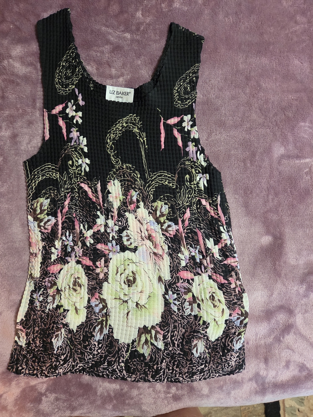 Liz Baker Black Floral Sleeveless Pleated Tank